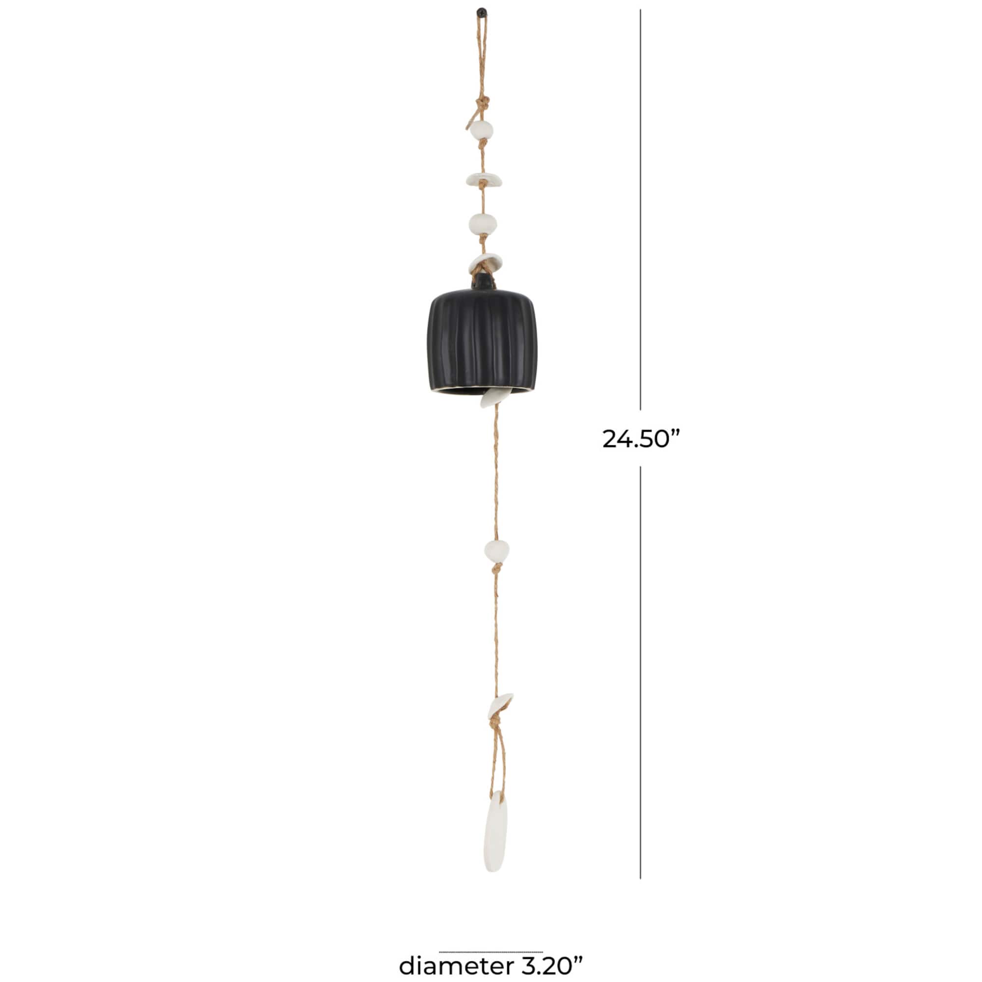 2ft. Black Ceramic Handmade Textured Bell Windchime with Cascading White Disks